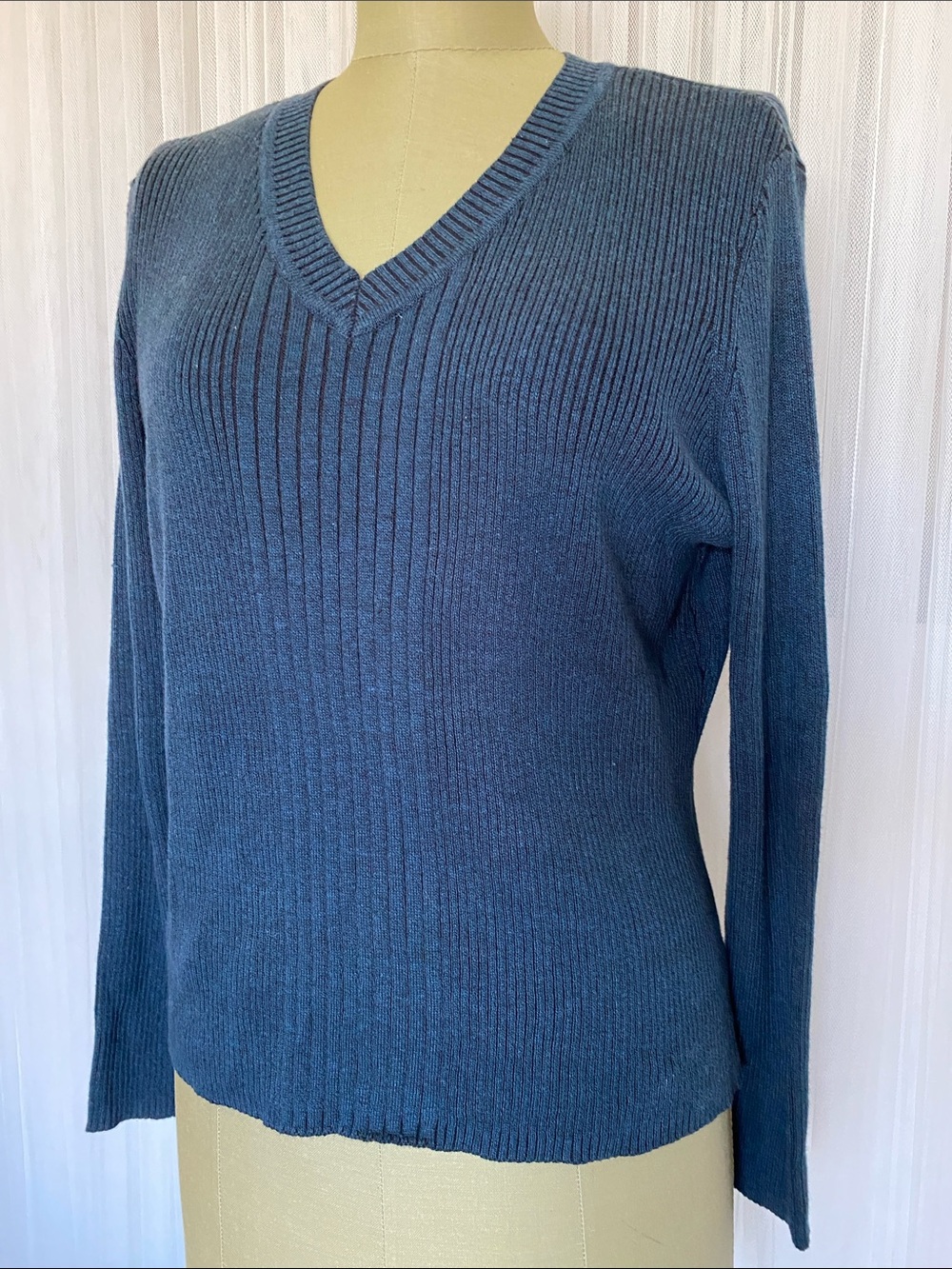 SPANNER Women's Ribbed V-Neck Sweater in Dark Teal Blue Size XL